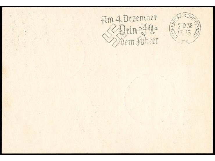 1938, Sudetenlandfahrt zwei Karten und zwei Briefe mit schönen Frankaturen, dabei K1 “Einschreiben unzulässig”
