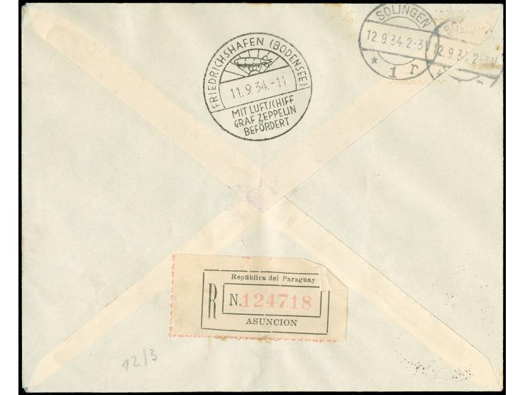 Paraguayische Post: 7. Südamerikafahrt 1934, R-Brief ab Asuncion 1.9.34 mit 2 p. sowie 22,50 p. Zeppelin "1934" in bunter MiF