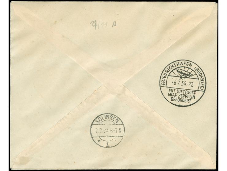 1934, Paraguay 3. Südamerikafahrt, eingeschriebener Brief vom 23.6. mit u.a. 22.50 p. Zeppelinmarken via F'hafen bis Solingen