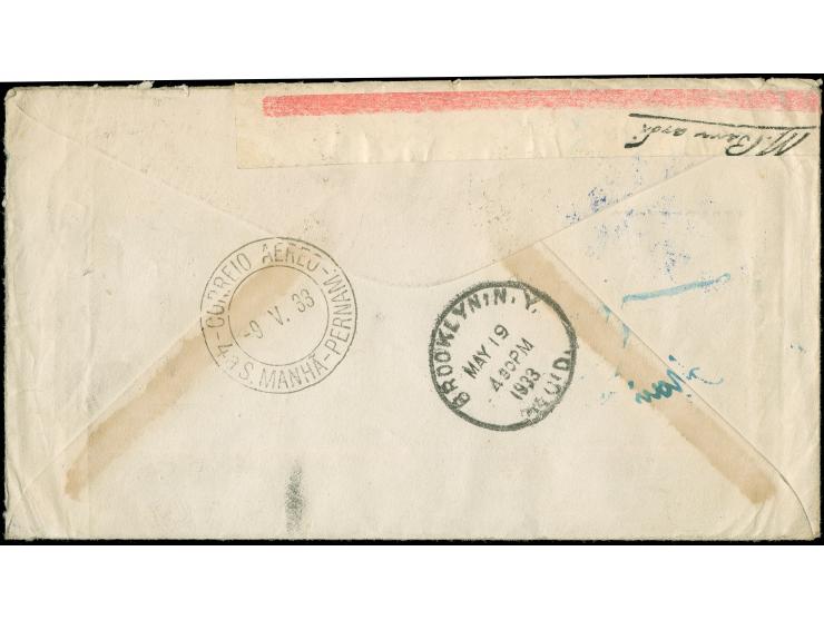 1. Südamerikafahrt 1933, Brief ab Friedrichshafen 6.5. nach New York, Ankunft Recife 14.5. vs., Zweiländer-MiF mit 7.200 Rs a