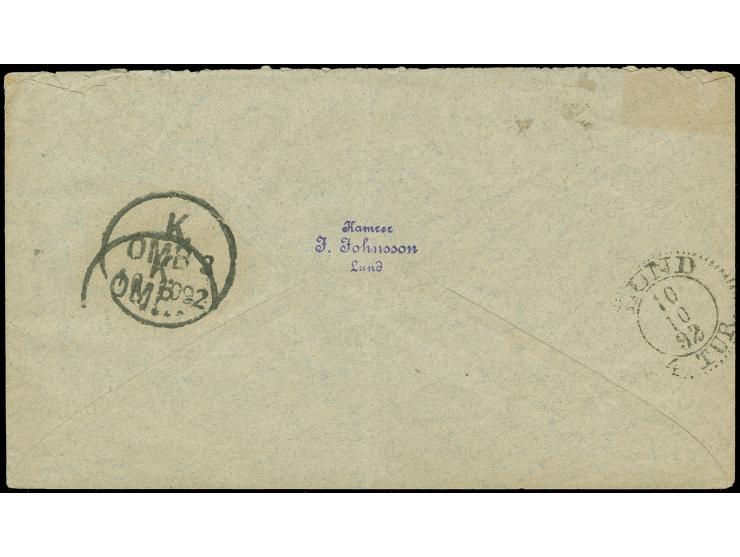 1892, Numeral 3 ö. blue grey, four snigle stamps tied to envelope by KJOBENHAVN 10/10, addressed to Lund Sweden with arrival 