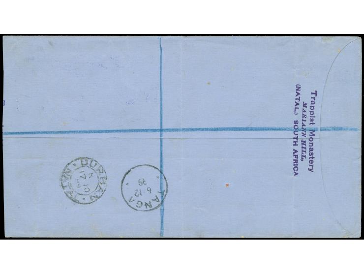 1899, 1 sh. orange and 2 d. olive-green tied to registered cover by ‘DURBAN 17.10.99’ c.d.s., addressed to German East Africa