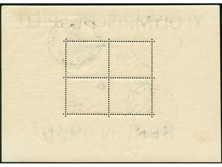 1936, Olympiablöcke beide auf dickem Papier (über 0,20mm) je mit zwei versch. ESSt. Berlin K.d.F.-Stadt bzw. Fahrbares Postam