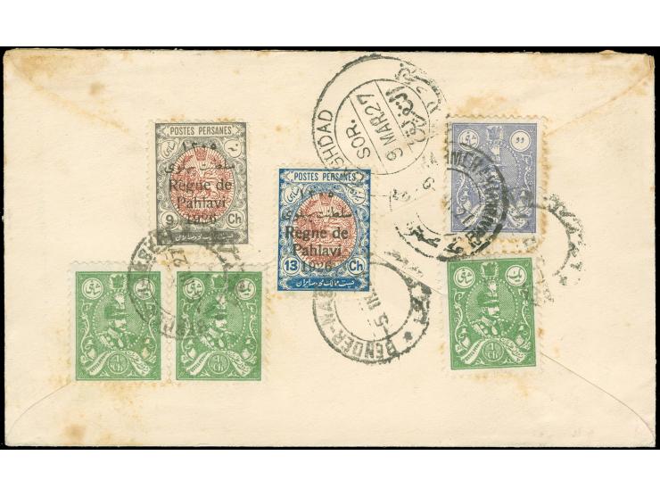 1927, Regne de Pahlavi issue 9 sh. and 13 ch. on reverse of cover from Bender Nassehi, on front red imprint and violet cancel