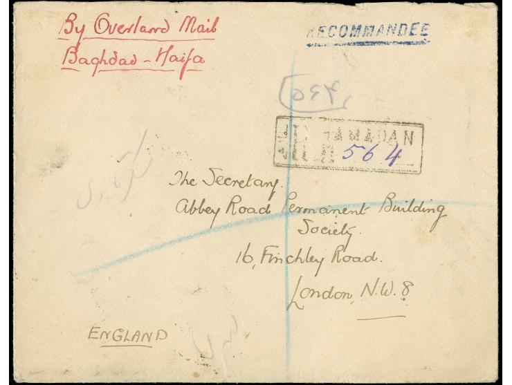 1926, Regne de Pahlavi issue 1 kr. pair on reverse of Ottoman Bank cover from Hamadan 1/12/26, on front red ms. “By OVERLAND 