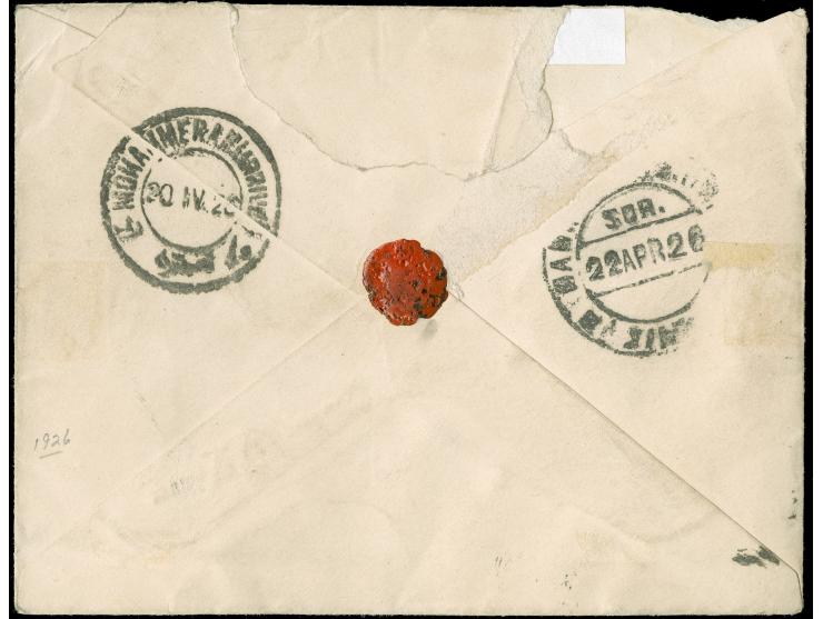 1926, Shah Ahmed issue 2 x 3 ch. and 2 x 12 ch. on cover from Bender-Nassehi 19/4/26, violet “By OVERLAND MAIL BAGHDAD-HAIFA”