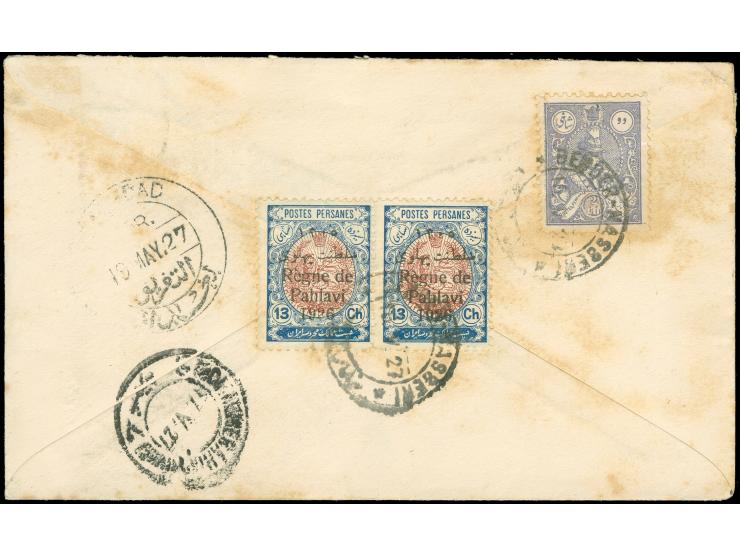1927, Regne de Pahlavi issue pair 13 ch. on reverse of cover from Bender Nasseri, on front red imprint and violet cancellatio