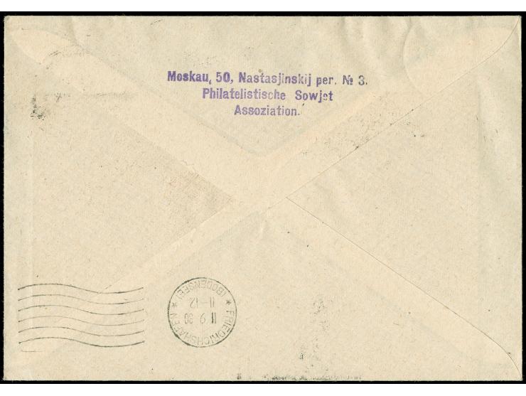 1930, Fahrt nach Russland, UDSSR-Post, 40 Kop. und 80 Kop. Sondermarken gezähnt je mit Zufrankatur auf Ganzsachenkarte bzw. B
