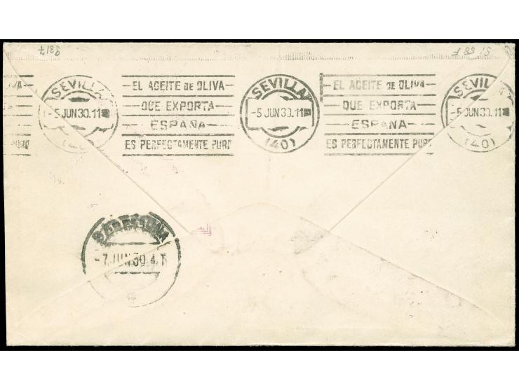 1930, SPANIEN 1. Südamerikafahrt Brief mit Paar 10 ptas. und 4 ptas., Anschlussflug ab BARCELONA 17.5. bis Lakehurst, Ak.-Ste