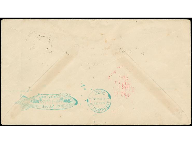 1930, SPANIEN 1. Südamerikafahrt Brief mit Fünferstreifen 4 ptas., ab BARCELONA 16.5. bis Lakehurst, Ak.-Stempel rs., Rundflu