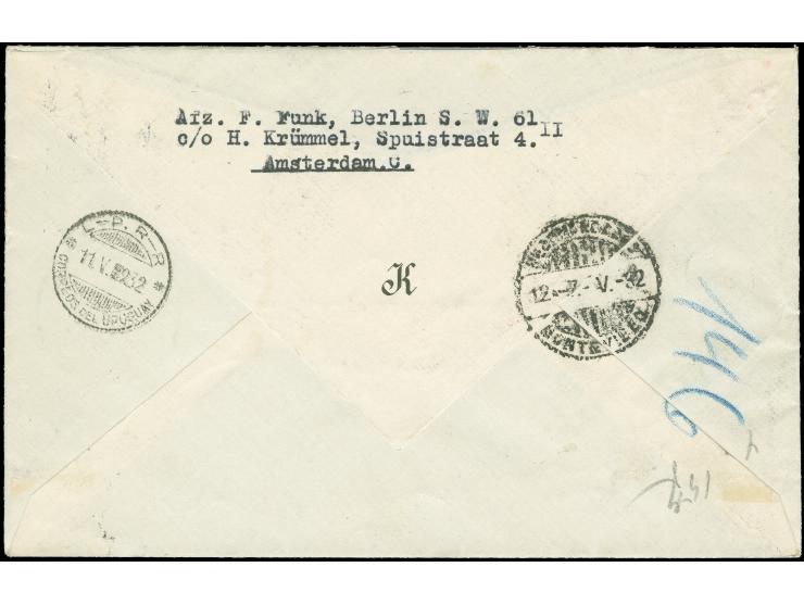 1932, Niederlande 4. Südamerikafahrt, R-Brief ab Amsterdam 28.4. mit 1½ g. Flugpost in bunter MiF nach Montevideo, Transit Fr