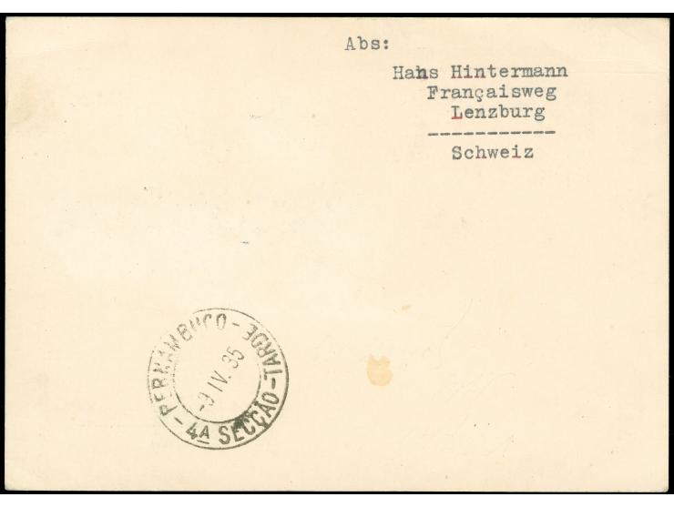 1935, 1. Südamerikafahrt, Karte mit 1 RM Zeppelin in bunter MiF, Bordpost 7.4., Flugstempel "d" und Ankunft Recife 9.4. rs.

