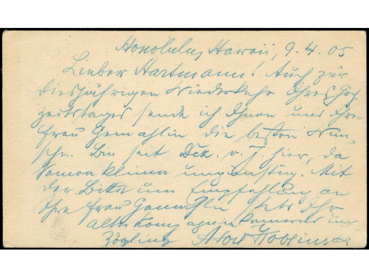 1905, US 1 c. black on buff used postal stationery card to Germany, Honolulu H.Isls Apr./9/1905 duplex cancellation, addresse