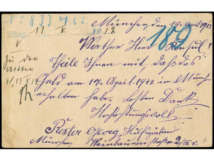 1912, Luitpold 10 Pf Ganzsachenkarte mit klarem MUENCHEN 20/APR/12 an das Deutsche Konsulat in Kobe Japan mit Ankunftsstempel