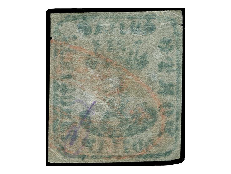 1858, Handstruck 40 parale blue on thin blueish paper, cancelled JASSY FRANCO in red, full short margins, tiny flaw and borde