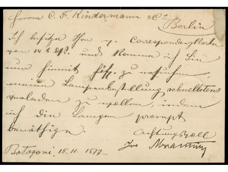 1877, BOTOSANI 18.NOV.77 cds. on 5 b. postal stationery card used uprated with pair 5 b. olive-brown, perf.11, to Berlin with