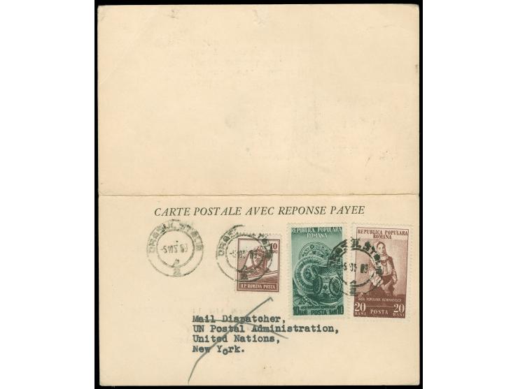 1956, Answering card complete, both sides with Romania stamps, each 40 b. rate, from Crasul Stalin to New York and from Unite