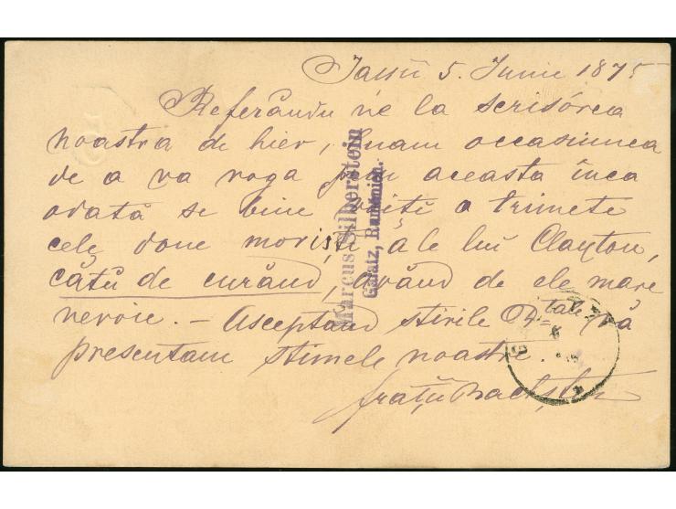 1875, 5 b. blue on cream, two postal stationery cards, one written in hebrew, other with sender cachet Marcus Silberstein Gal