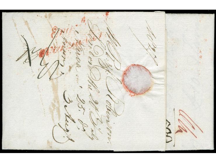 1827, POST PAID SHIP LONDON (COWN) in red on letter from London via Rotterdam to Narva. Early Incoming Maritime Mail To The B