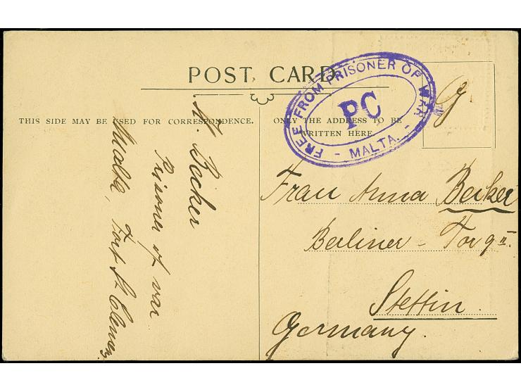 1915, Malta First World War Prisoner of War Mail: Maximum Card style olive-brown impressed ´kamp post/malta´ stamp on reverse