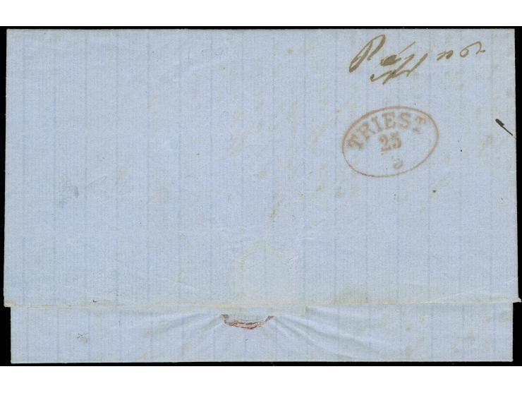 1869, SMIRNE 20/3/69, Fingerhutstempel auf Faltbrief mit Inhalt, handschriftlich "20" in blau für Taxe, rückseitig Ankunftsst