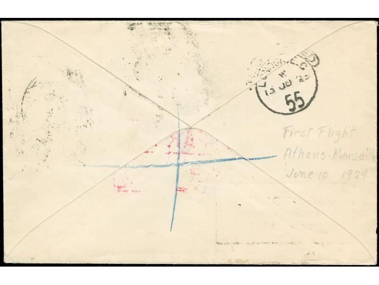 1929/33, Three Air Mail covers/cards including First Flight to Marseille 10.6.29, 3 dr. air mail stamp on cover to NY and 10 