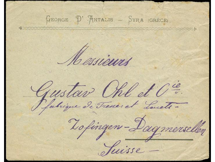 1893/1900, Small Hermes Heads: Two covers and three postcards of Corfou and Athens to Swiss, Austria and Germany, three diffe