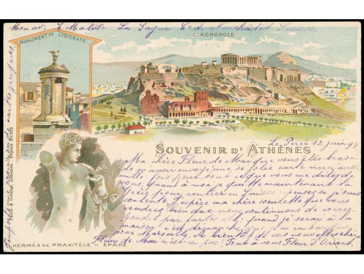 1893/1900, Small Hermes Heads: Two covers and three postcards of Corfou and Athens to Swiss, Austria and Germany, three diffe