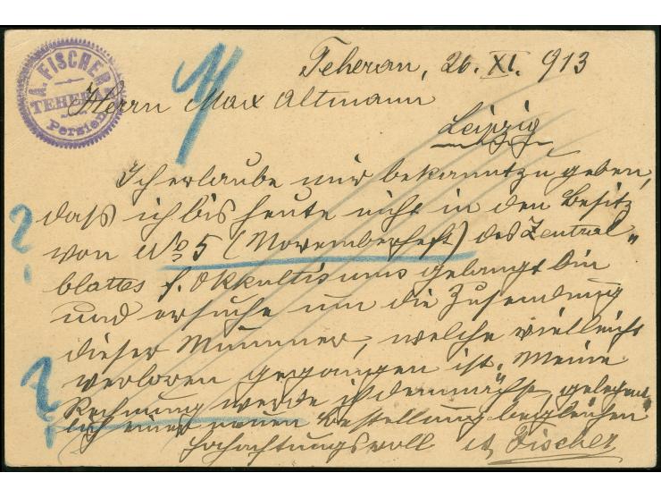 1913, Mozaffar-ed-din Shah Qajar 5 ch.on 5 ch. red overprinted postal stationery card cancelled Teheran no.3 ds., to Leipzig.