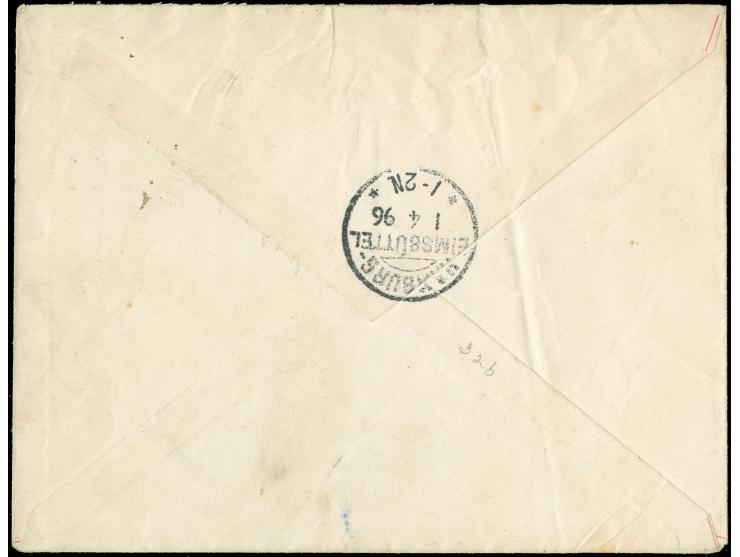 1896, Envelope 6 ch. rose-pink Type A, octogonal ‘RECHT 1312’ cancelled to Hamburg wIth arrIval mark 1.4.96, vertical crease,