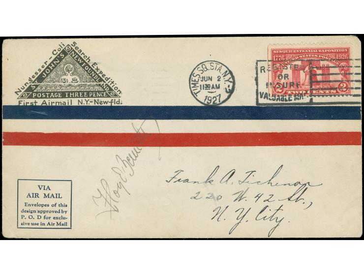 1927, Nungesser-Coli Search Expedition, Transoceanic Record Flight airmail envelope with 2 c. carmine tied by ‘Times Sq Sta N