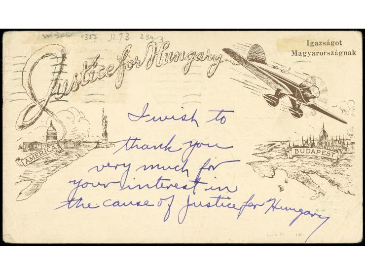 1931 "Justice for Hungary" flown card from Flint, Michigan, with pre-printed bilingual cachet, 1 c. franking, with Budapest a