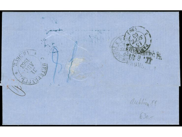 1863, Frankobrief von St. Petersburg nach Paris mit rs. Abgangsstp. und Preussischem Bahnpoststp. "Königsberg Pr. 13 9 Brombe
