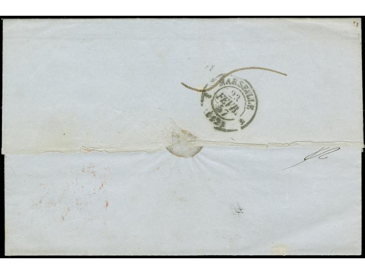 1857, Lettersheet from Smyrne to Marseile, cancelled French cds. „Smyrne/Turquie 11.2.57“ and boxed „P.P.“ in black, framed "
