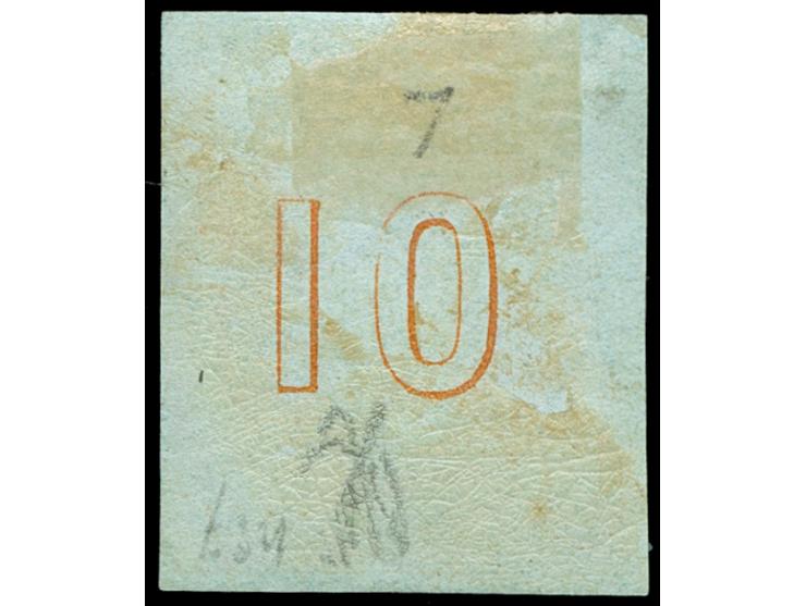 1861, Paris Printing 10 l. orange on blueish paper with bright colours, imperf., figure '10' on reverse, broad margins all ro