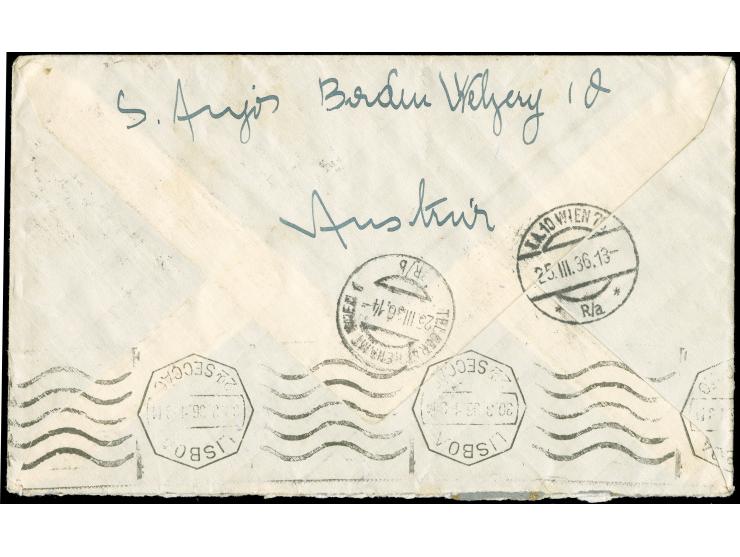 1935/36, Drei Flugpostbriefe von Wien nach Portugal, je mit Etappenstempel ‘Mit Flug bis:___" und hs. Eintrag ’Barcelona', je