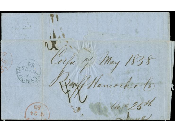 1858, British Protectorate 1815-1864: Folded envelope from CORFU 18/MAG with hand-stamp town cachet, endorsed ‘via Trieste’ t
