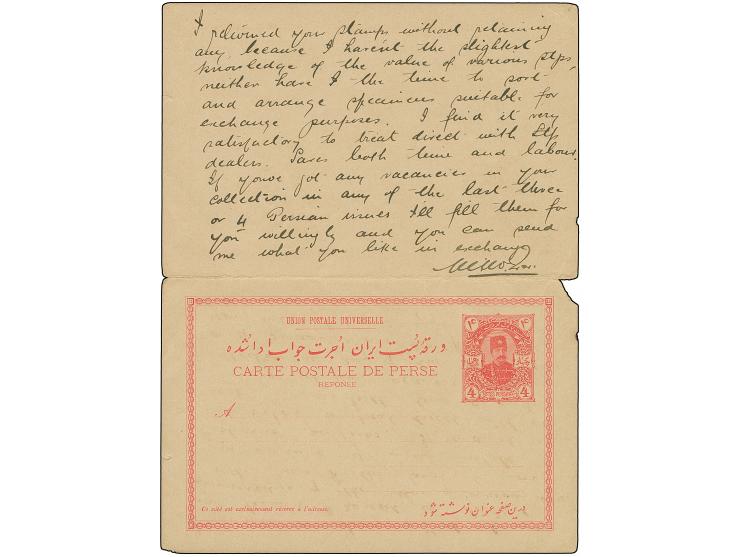 1896, Nasser-ed-din Shah Qajar 4 ch. + 4 ch. red postal stationery card unseparated cancelled ISPAHAN cds. via BOUCHIR 18/4 t