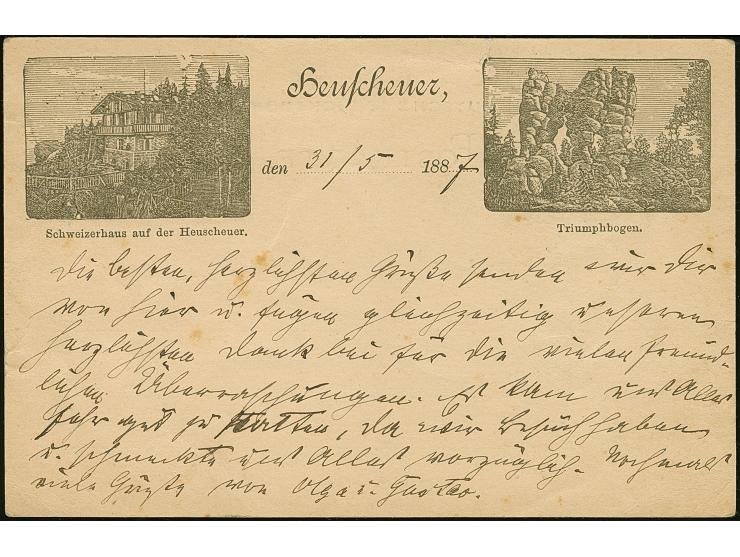 1887, Ganzsachenkarte 5 Pfg. als seltene frühe Ansichtskarte mit rs. Zudruck von Heuscheuer-Carlsberg 1.6.87 nach Rastenburg,