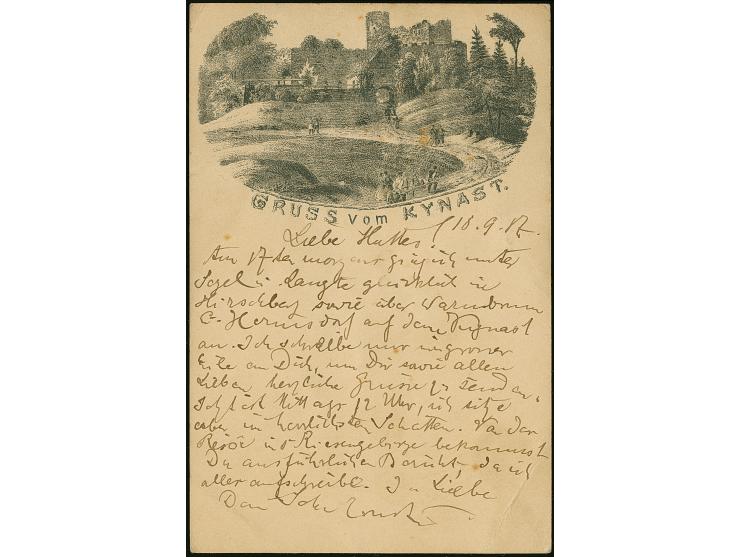 1877, Privat-Ganzsachenkarte 5 Pfge. violett (min. Bugspur), seltene frühe Privatpostkarte mit rs. Zudruck GRUSS VOM KYNAST u
