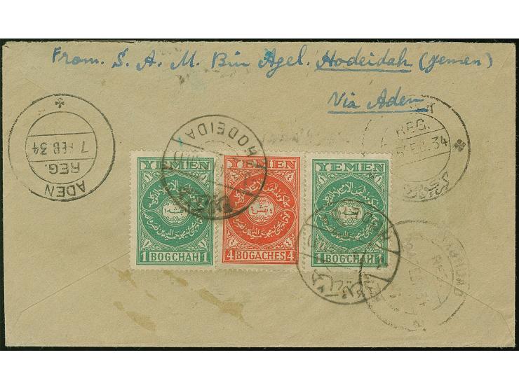 1934, 14 B. rate on registered cover with registration label Hodeida ms. ‘5828’ alongside from HODEIDA 3.2.34 with transit ma