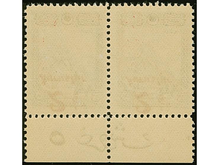 1929, Postage latin characters only issue: 2½ kurustur on 5 pia. margin imprint pair, showing variety ‘inverted overprint’, m