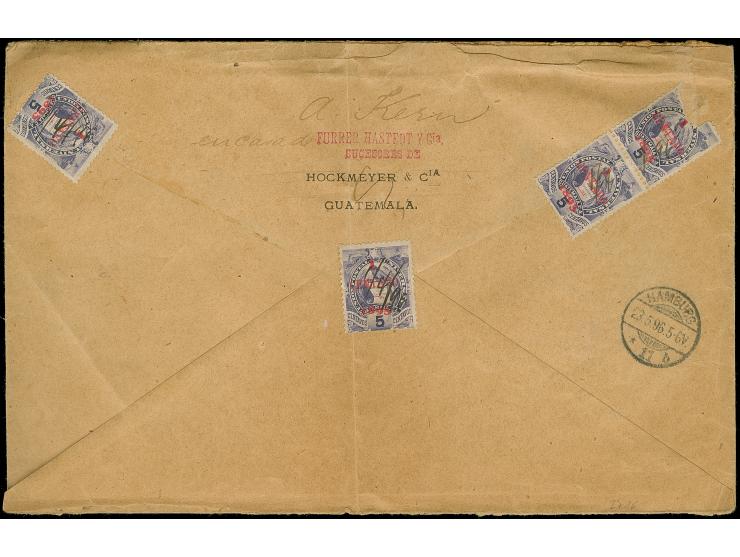 1896, Pair 20 c. green and 5 c. violet engraving issue tied to overseas "AR" by violet mute cancellation and "OFICINA DE CERT