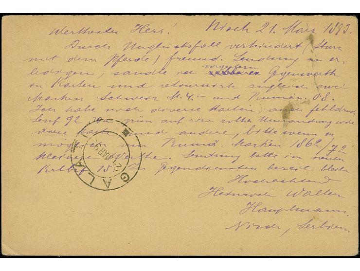 1893, Incoming Mail Galatz : 10 p. postal stationery card from Serbia cancelled NISH with arrival mark GALATI on reverse, a s