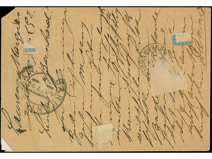 1892, Postal stationery card 10 r. blue uprated with two singles 10 r. green and 20 r. rose tied by oval Lourenco Marques 24/