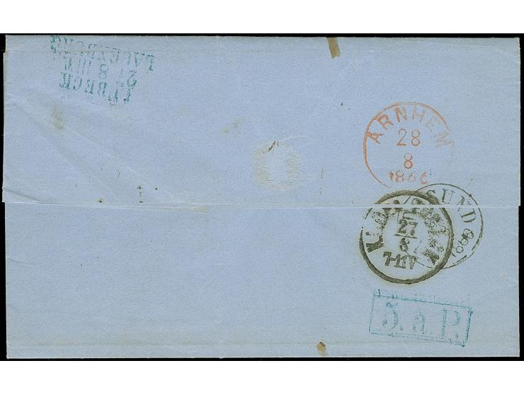 1866, Unpaid full letter cancelled "Christiania 24.8.66" and blue crayon “7½” alongside, sent via ‘Sandøsund’ and ‘Lübeck Lau