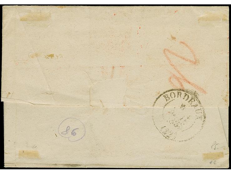 1836, folded envelope from Christiania sent to Bordeaux stamped black "PP." and octagonal “T.T.HAMBURG 25.APR.36” and red "A.