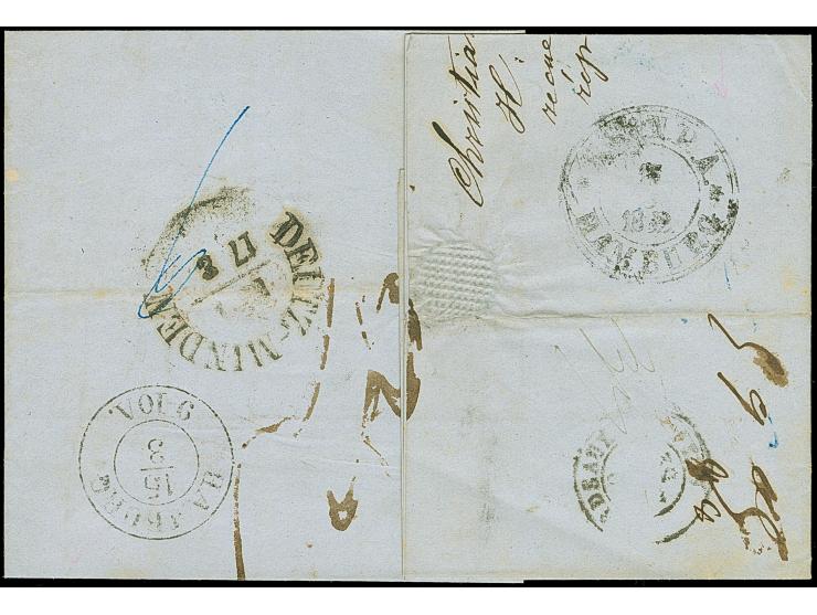 1852, folded envelope cancelled “Christiania 9.3.1852” ds. in blue, partly paid with content, black “HELSINGOR 13.3.52” along