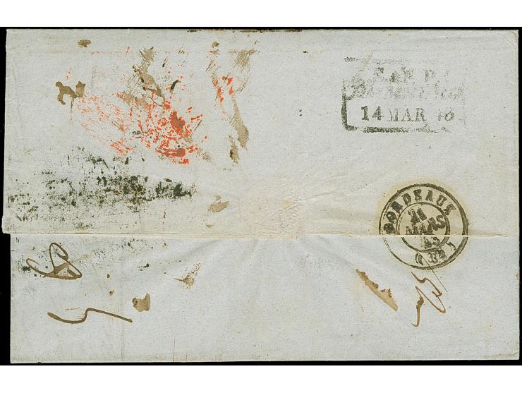 1844, Teilfrancobrief aus Christiania mit Ra2 STRÖMSTADT 8.3.1843 nach Bordeaux, frankiert bis Hamburg, mit L1 "Franco Hambur