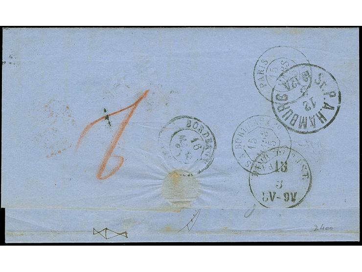 1865, Faltbrief aus KJOBENHAVN 10.3. (K1) nach Bordeaux, Transit rs. über Stadtpostamt-K1 HAMBURG 12.3. und hs. “2” in rot rs